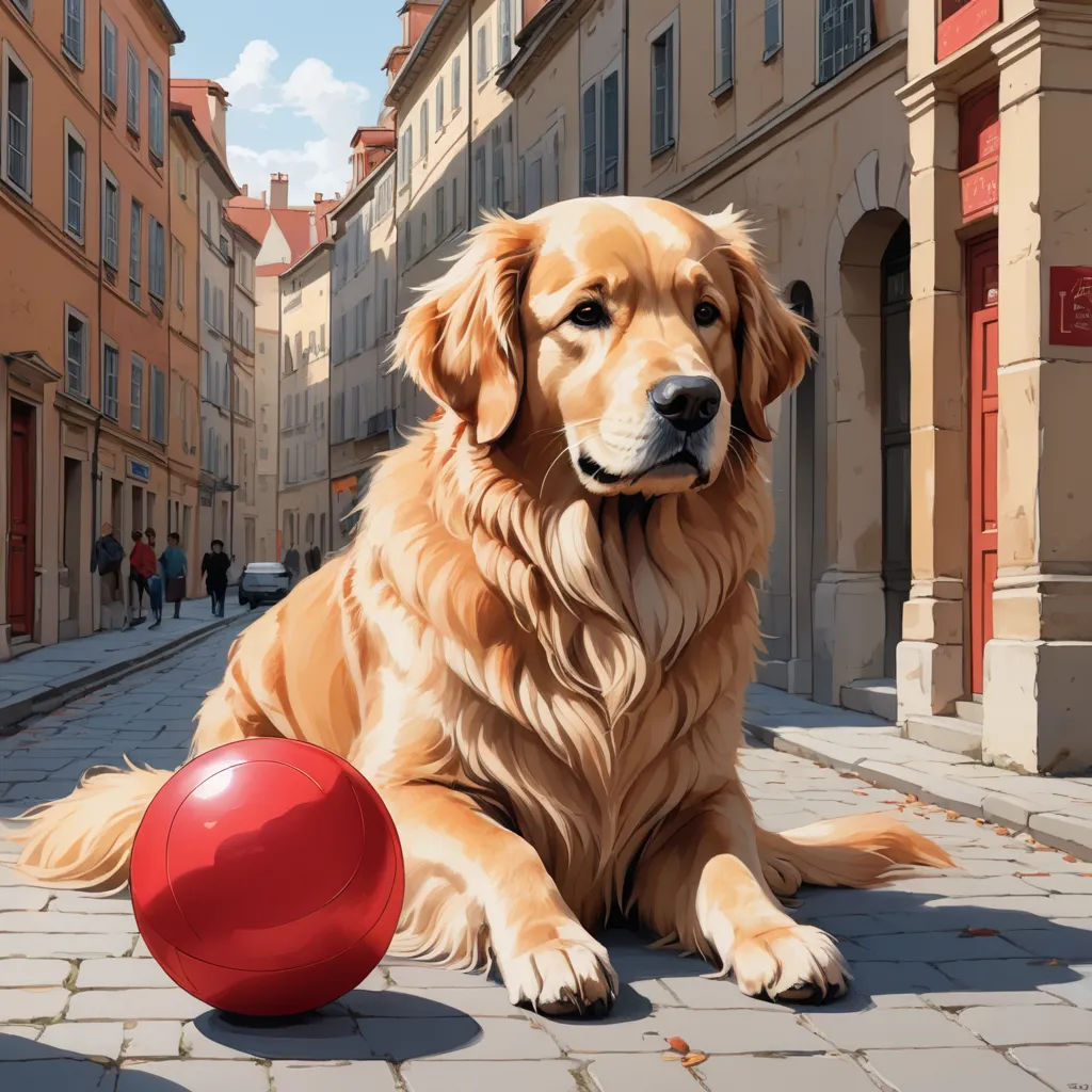 a dog sitting on a street with a red ball in front of it and a building in the background, photorealism, a hyperrealistic painting, Fernando Botero, highly detailed digital painting
