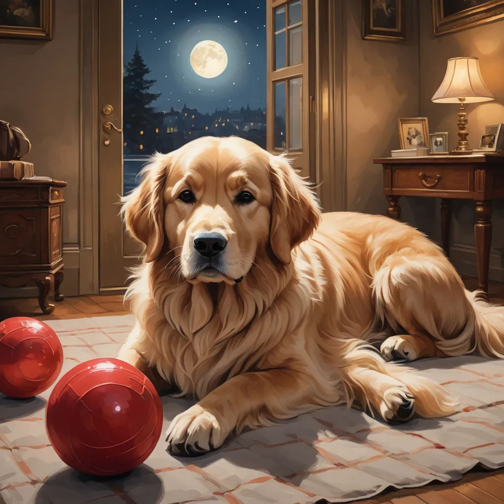 a dog laying on a rug next to a red ball and a red ball on the floor in front of a window, furry art, a photorealistic painting, Edwin Georgi, highly detailed digital painting