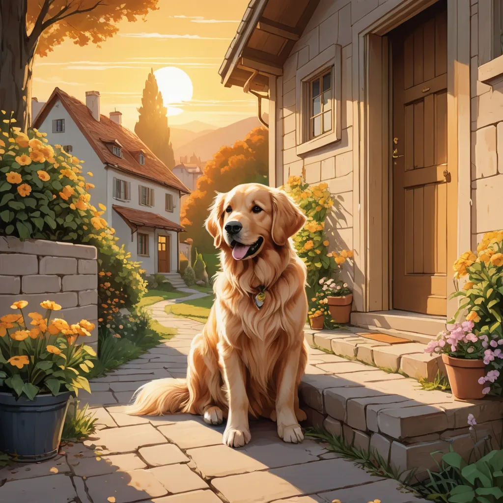 a dog sitting on a stone walkway in front of a house with flowers and a potted plant in front of it, american scene painting, a storybook illustration, Evgeny Lushpin, kinkade