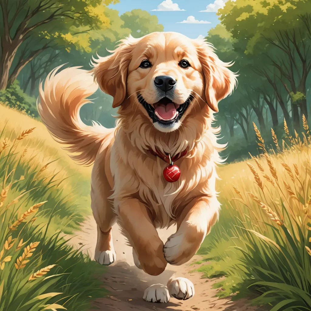 a dog running down a dirt road in a forest with tall grass and trees behind it, with a blue sky and clouds, furry art, a fine art painting, Chris LaBrooy, professional digital painting