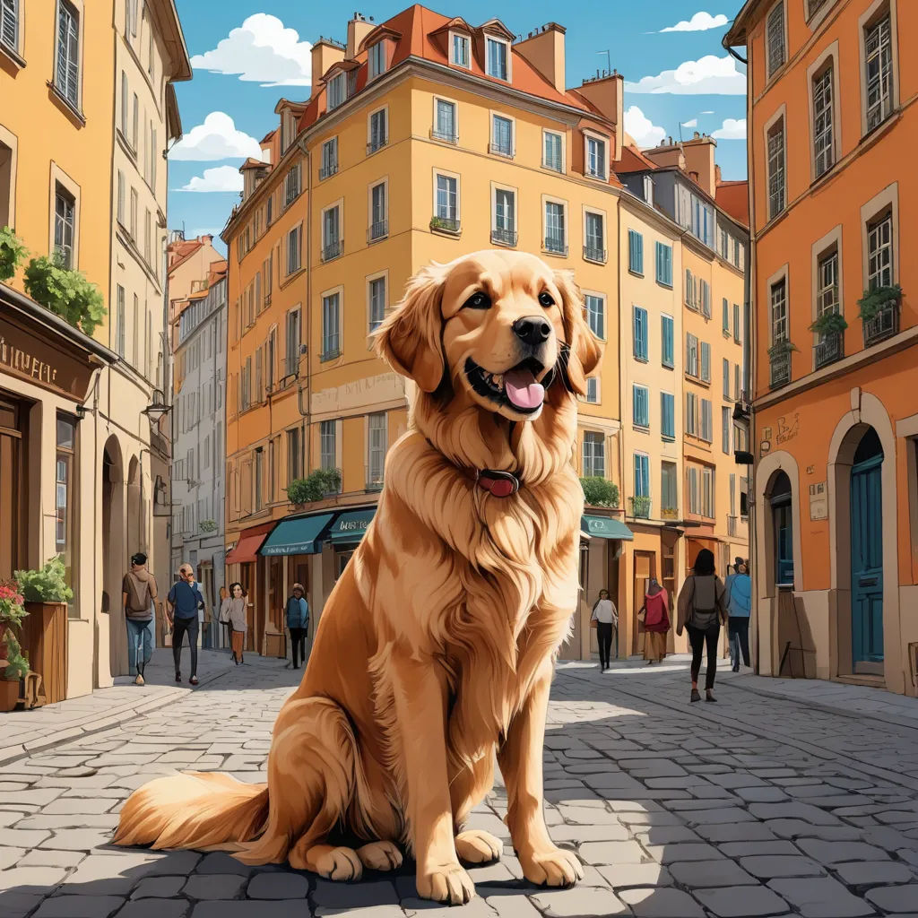 a dog sitting on a cobblestone street in a city with buildings and people walking around it,, american scene painting, a comic book panel, Chris LaBrooy, official art