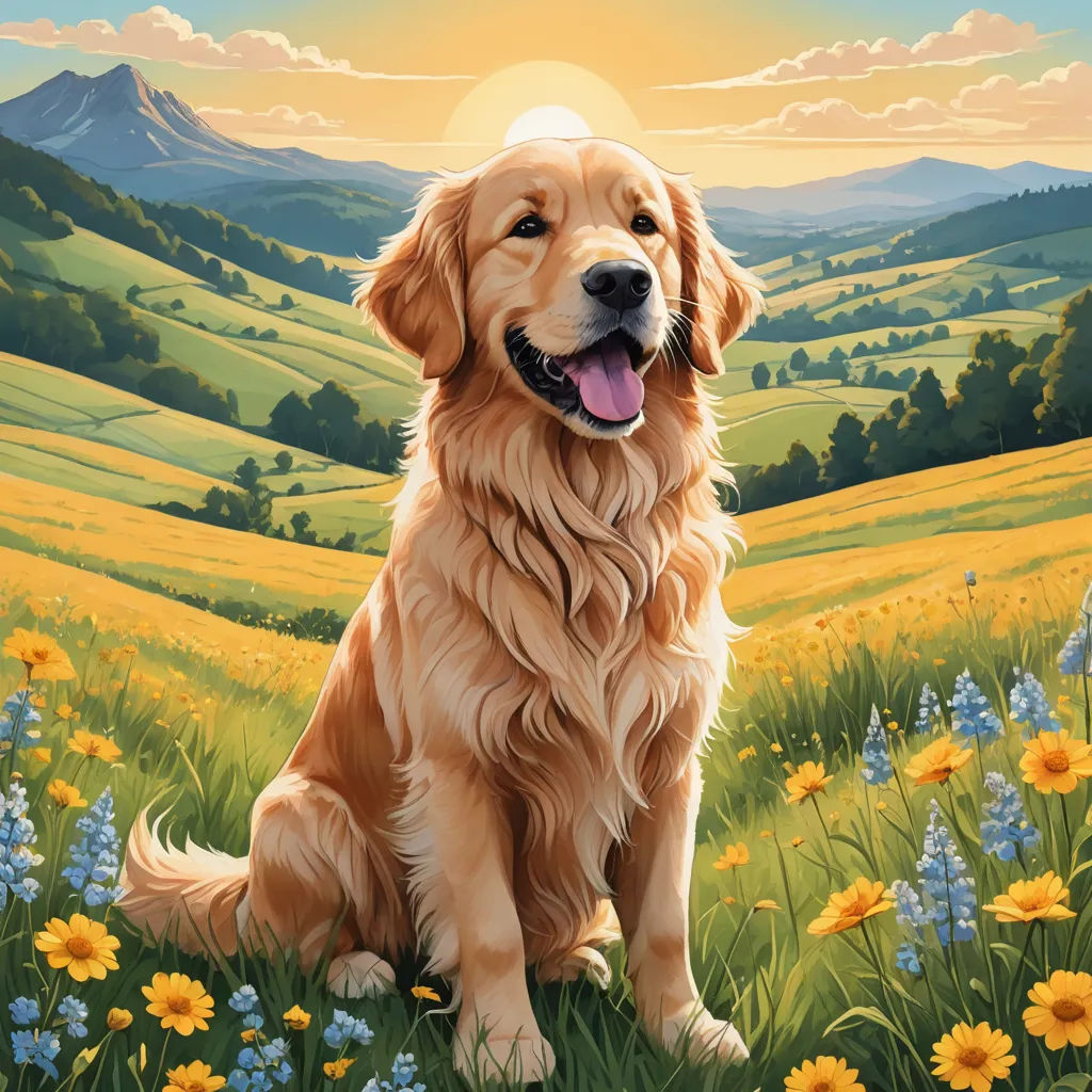 a golden retriever sitting in a field of flowers with a mountain range in the background and a sun setting, furry art, a fine art painting, Chris LaBrooy, professional digital painting