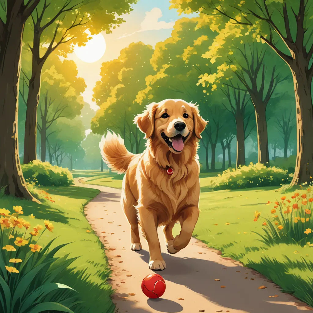 a dog running down a path with a ball in its mouth and a forest in the background with yellow flowers, american scene painting, a storybook illustration, Chris LaBrooy, official art