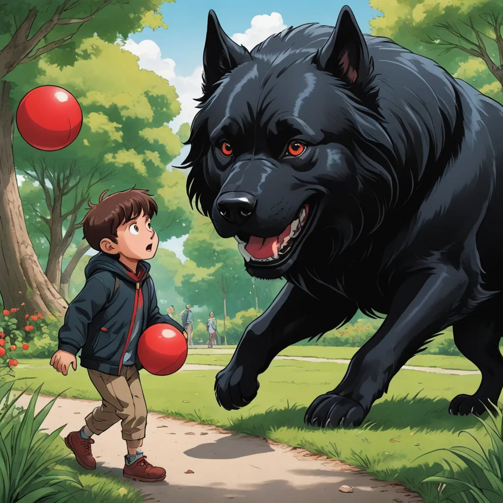 a boy and a big black dog in a park with trees and flowers in the background, and a red ball in the foreground, lyco art, a storybook illustration, Aaron Jasinski, comic cover art