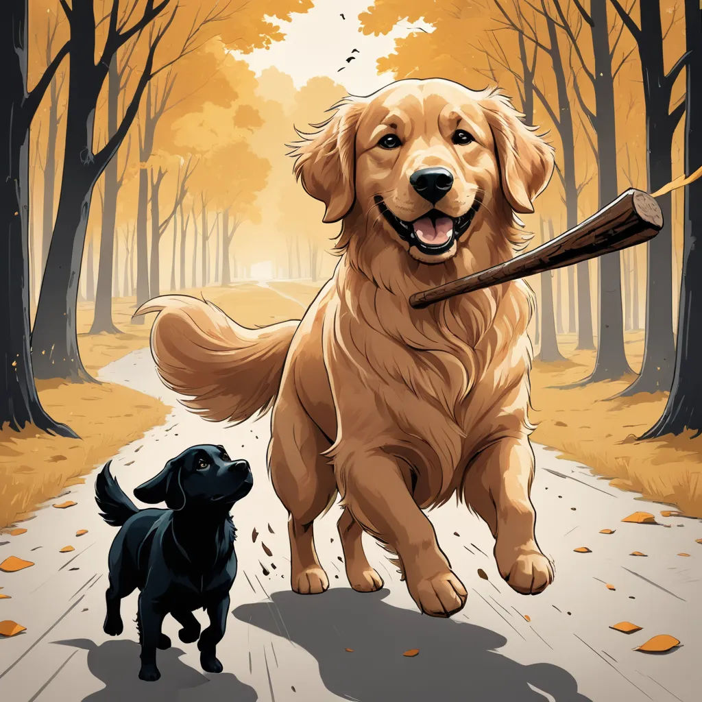 a dog and a dog walking down a path in the woods with a stick in its mouth and a dog running behind it, furry art, a storybook illustration, Dan Mumford, josan gonzales and dan mumford
