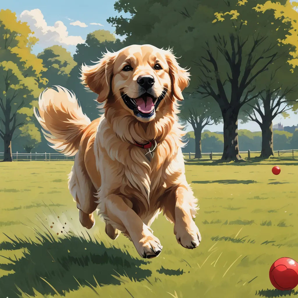 a dog running through a field with a ball in its mouth and trees in the background, with a sky background, american scene painting, a detailed painting, Chris LaBrooy, ultra realistic illustration