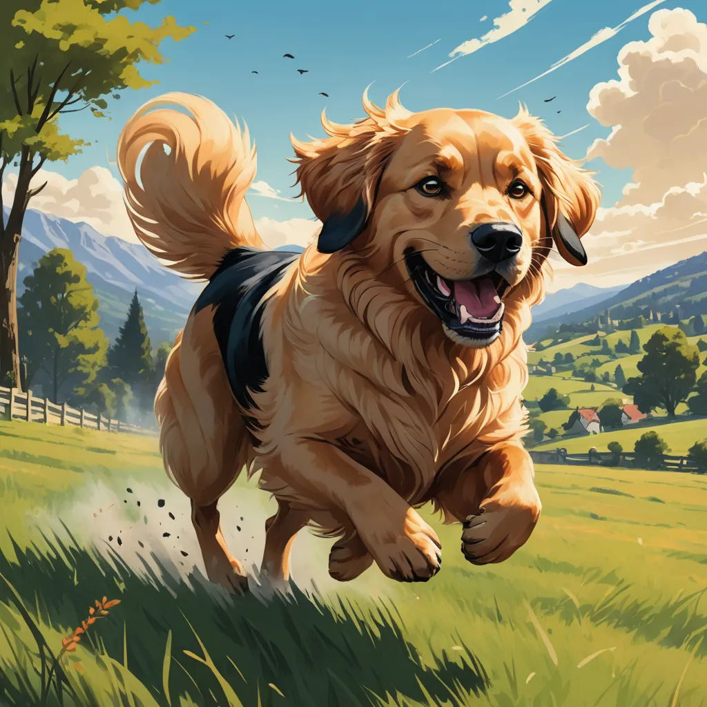 a dog running through a field with a sky background and clouds in the background, with a house in the distance, american scene painting, a storybook illustration, Chris LaBrooy, ultra realistic illustration