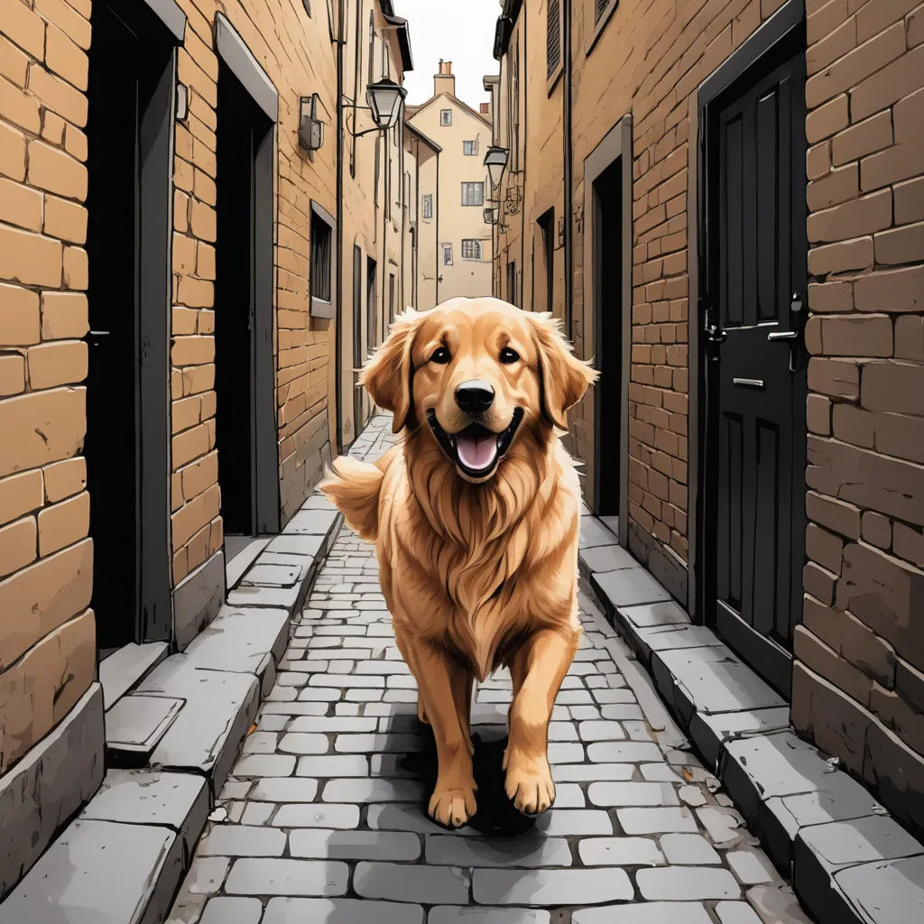 a dog is walking down a narrow street in a city with brick buildings and doors on either side of it, digital art, a storybook illustration, Chris LaBrooy, highly detailed digital painting