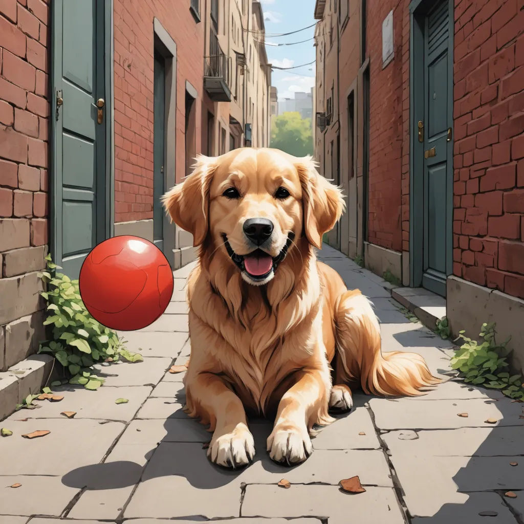 a dog sitting on a brick street with a red ball in the air next to it's paws, american scene painting, a hyperrealistic painting, Chris LaBrooy, highly detailed digital painting