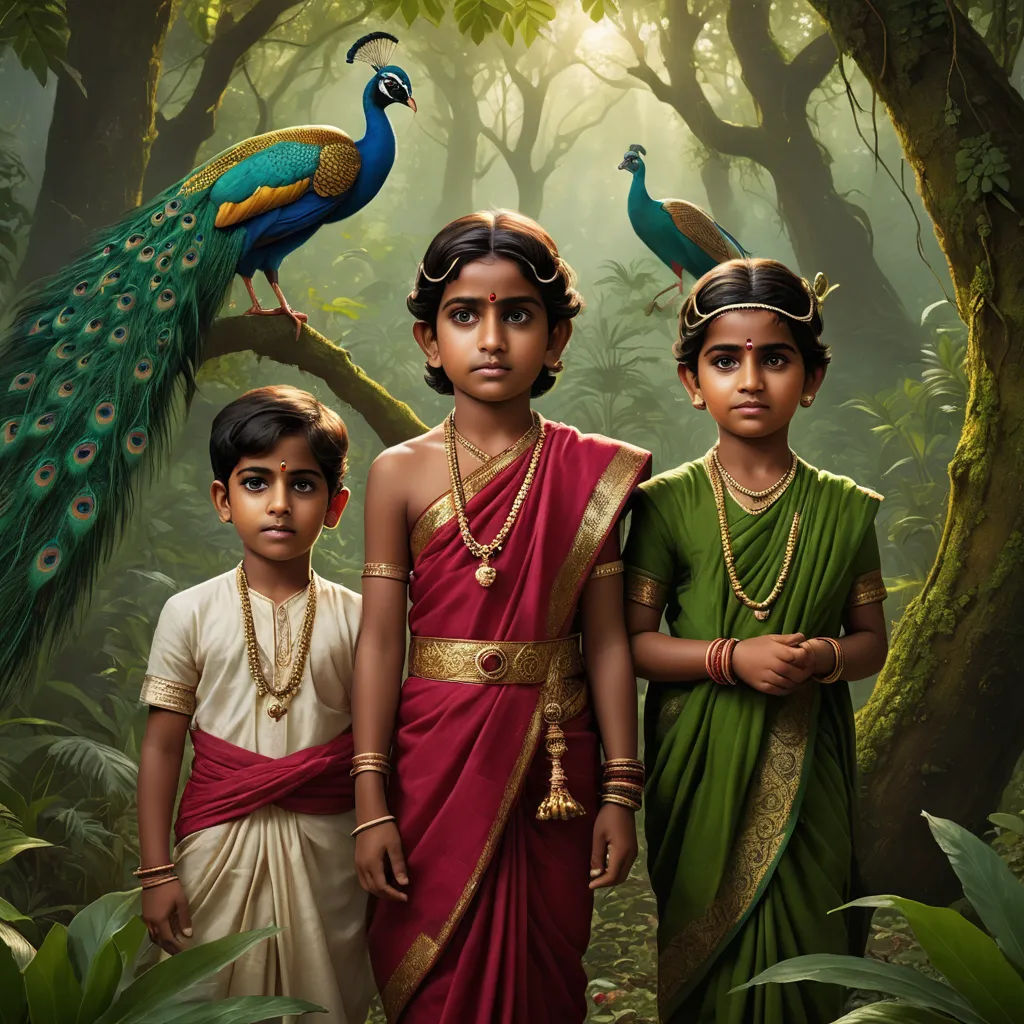 three children standing in front of a peacock in a forest with trees and foliage in the background, with a painting of two women and a peacock on the left, bengal school of art, a photorealistic painting, Ella Guru, highly detailed digital painting