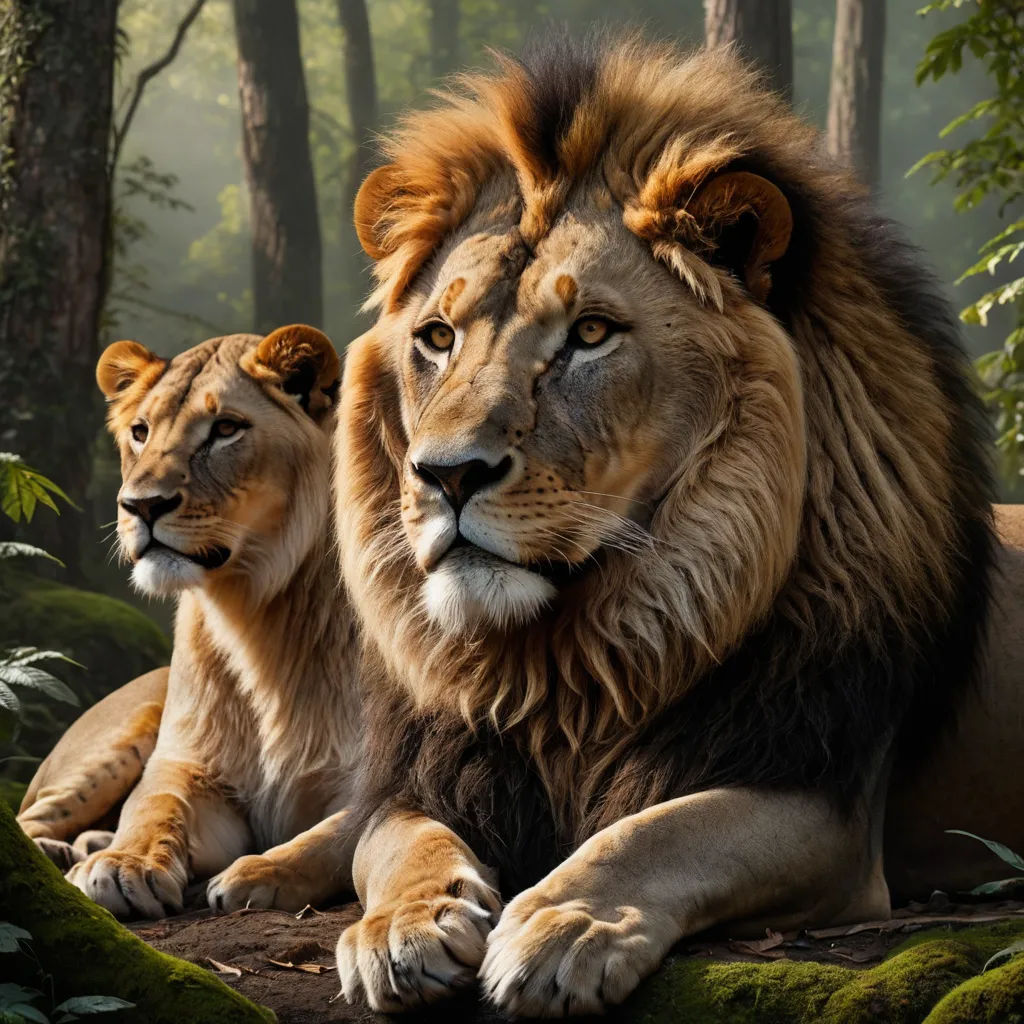 two lions laying down in the woods together, one is staring at the camera and the other is staring at the camera, naturalism, a digital rendering, Chris LaBrooy, wildlife photography