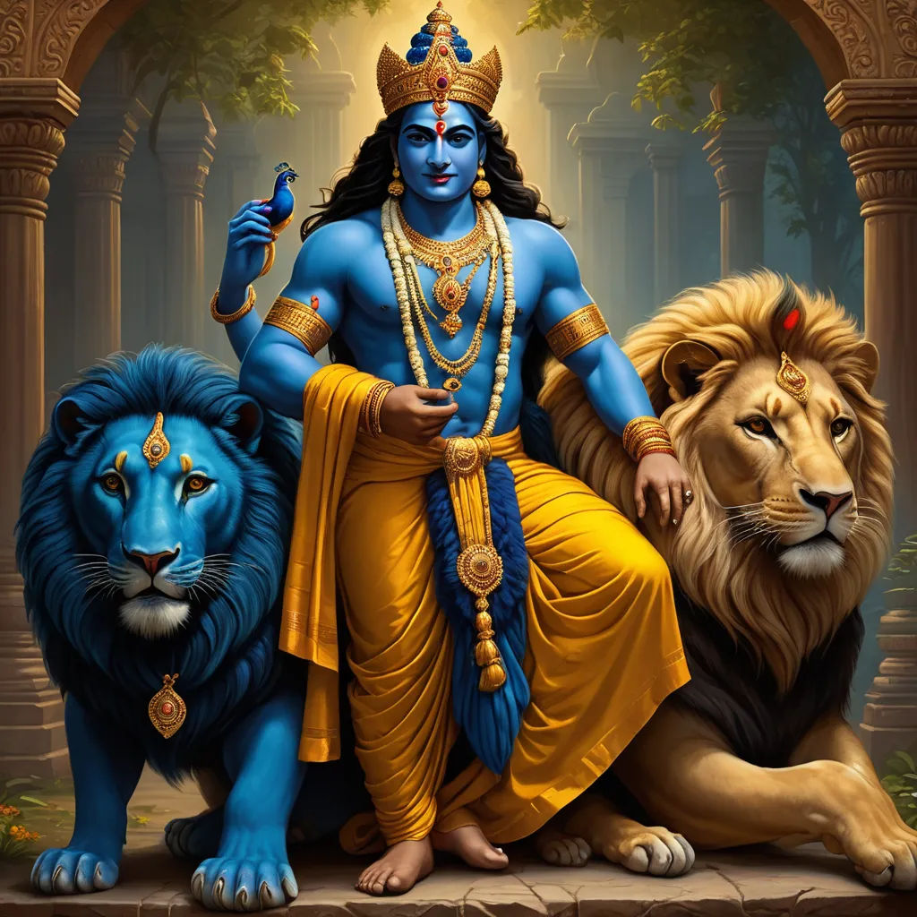 a painting of a man sitting on a lion with two lions in front of him and a lion behind him, samikshavad, a detailed painting, Bholekar Srihari, highly detailed digital painting