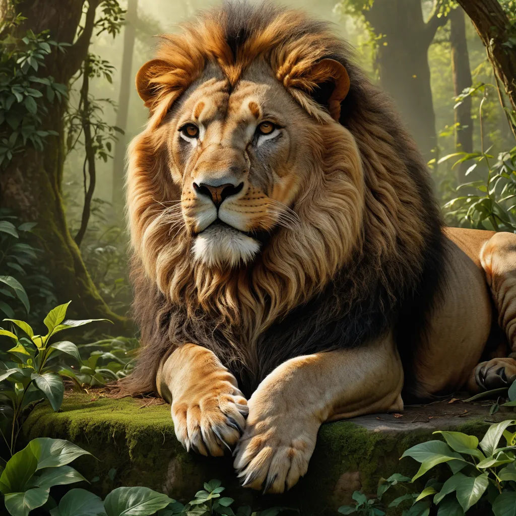 a lion laying down in the middle of a forest with trees and bushes around it, with a bright light coming through the trees, furry art, an airbrush painting, Chris LaBrooy, photoreal