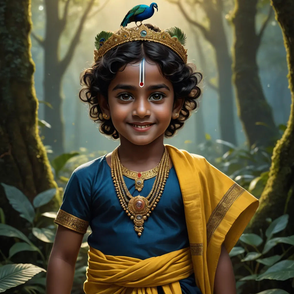 a painting of a young girl in a forest with a bird on her head and a blue dress with gold trim, samikshavad, a photorealistic painting, Ella Guru, highly detailed digital painting