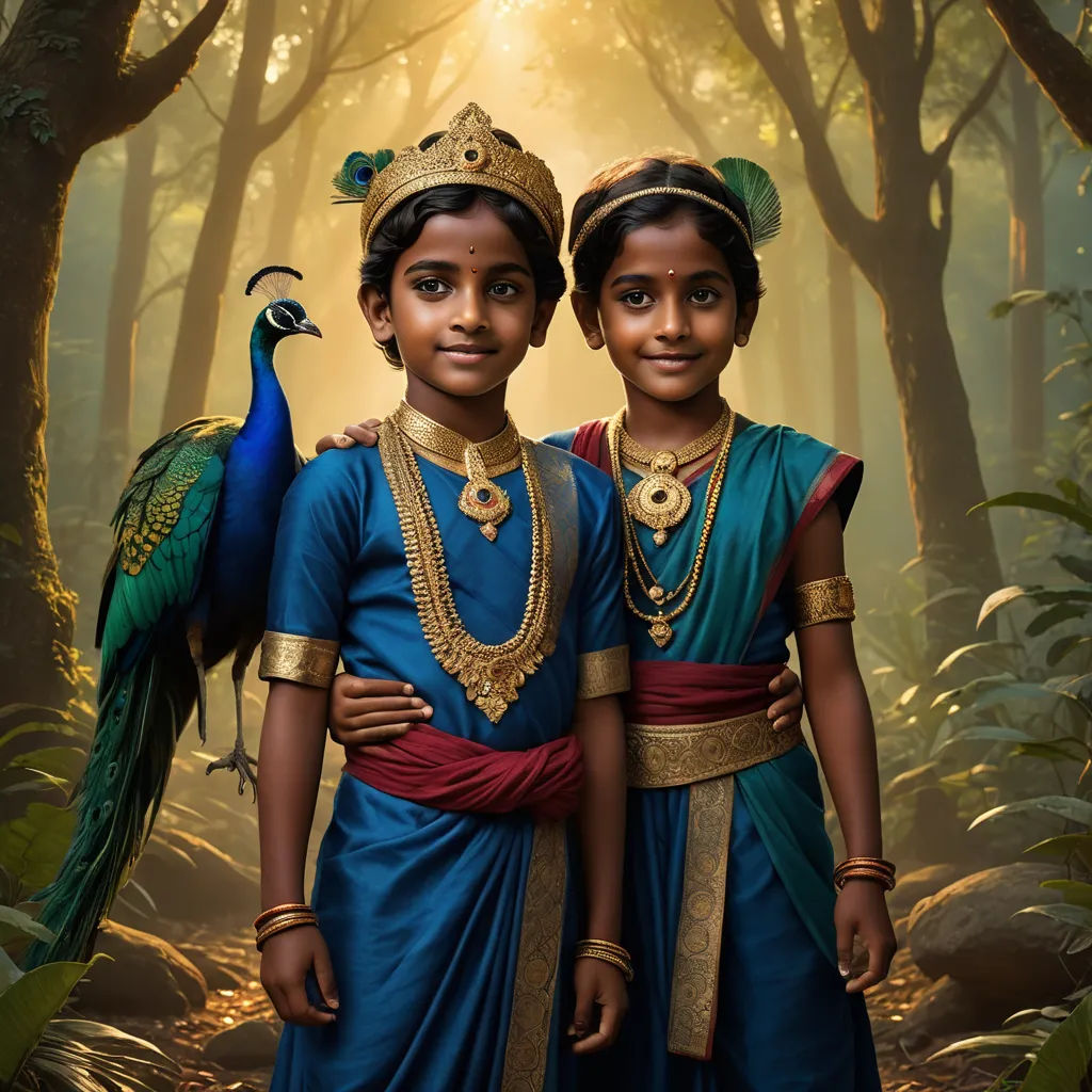 two young girls dressed in blue standing in a forest with a peacock on their shoulder and a bird on their shoulder, samikshavad, computer graphics, Daniel Lieske, cinematic photography