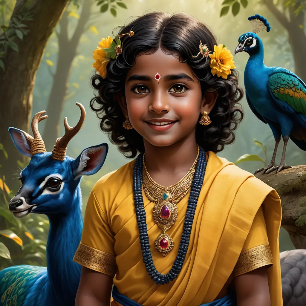 a painting of a girl with a peacock and a deer in the background, and a peacock on her shoulder, samikshavad, a detailed painting, Ella Guru, promotional image