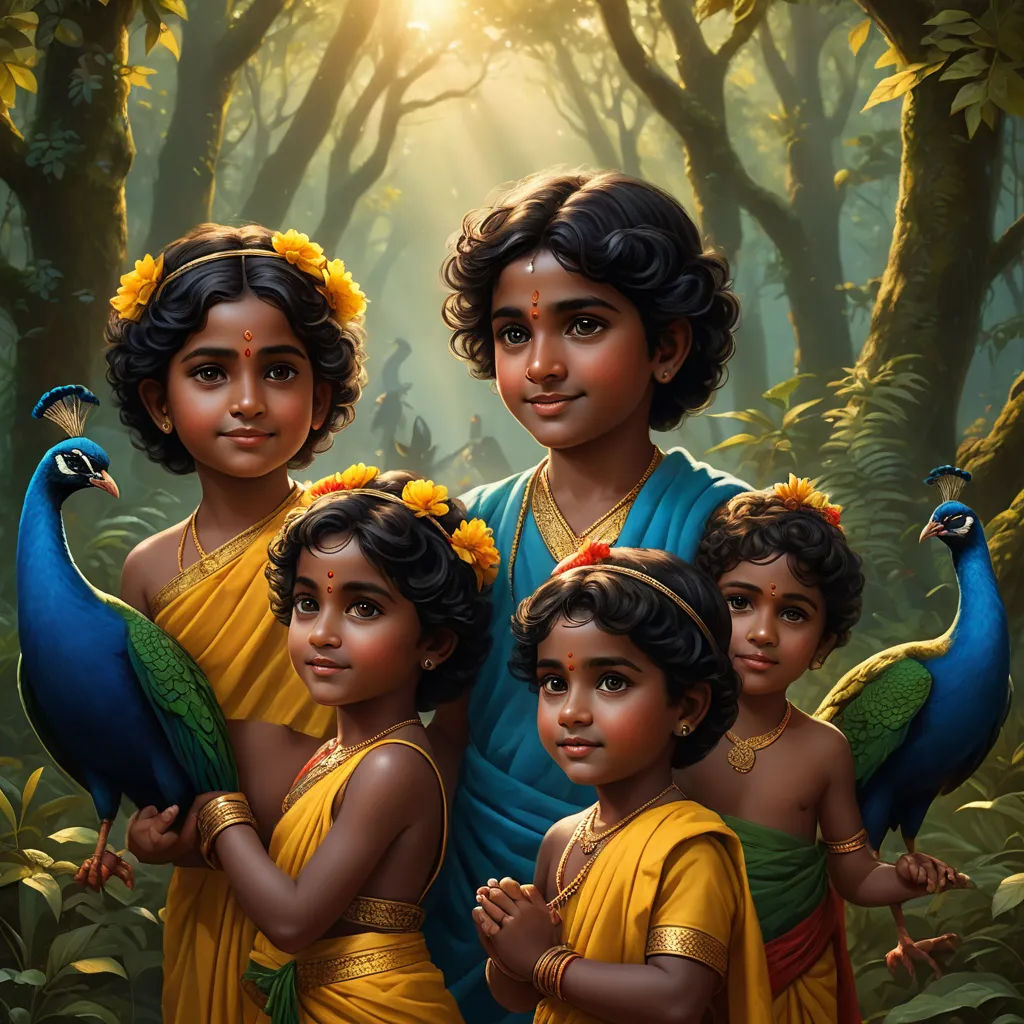 a painting of a family of three with a peacock on their shoulders and a man in the background with a bird on his shoulder, samikshavad, a detailed painting, Ella Guru, highly detailed digital painting
