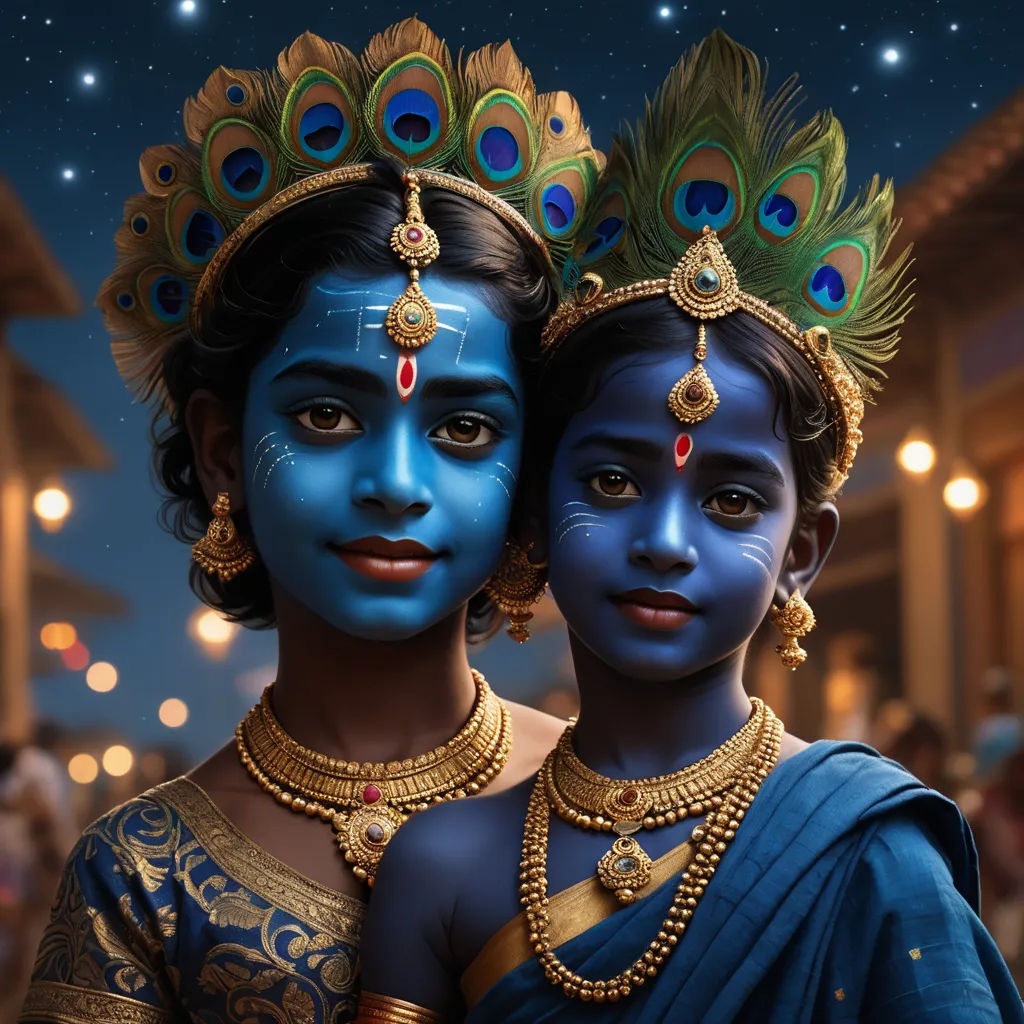 two women dressed in blue and gold with their faces painted like peacocks and peacock feathers on their heads, cloisonnism, a photorealistic painting, Ella Guru, affinity photo