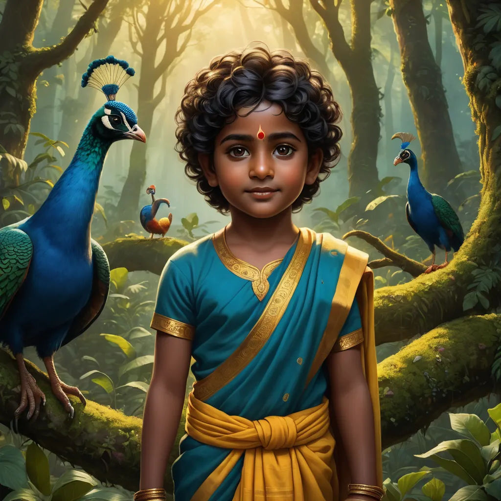 a painting of a boy in a forest with a peacock on his shoulder and a peacock on his shoulder, samikshavad, a storybook illustration, Ella Guru, jayison devadas
