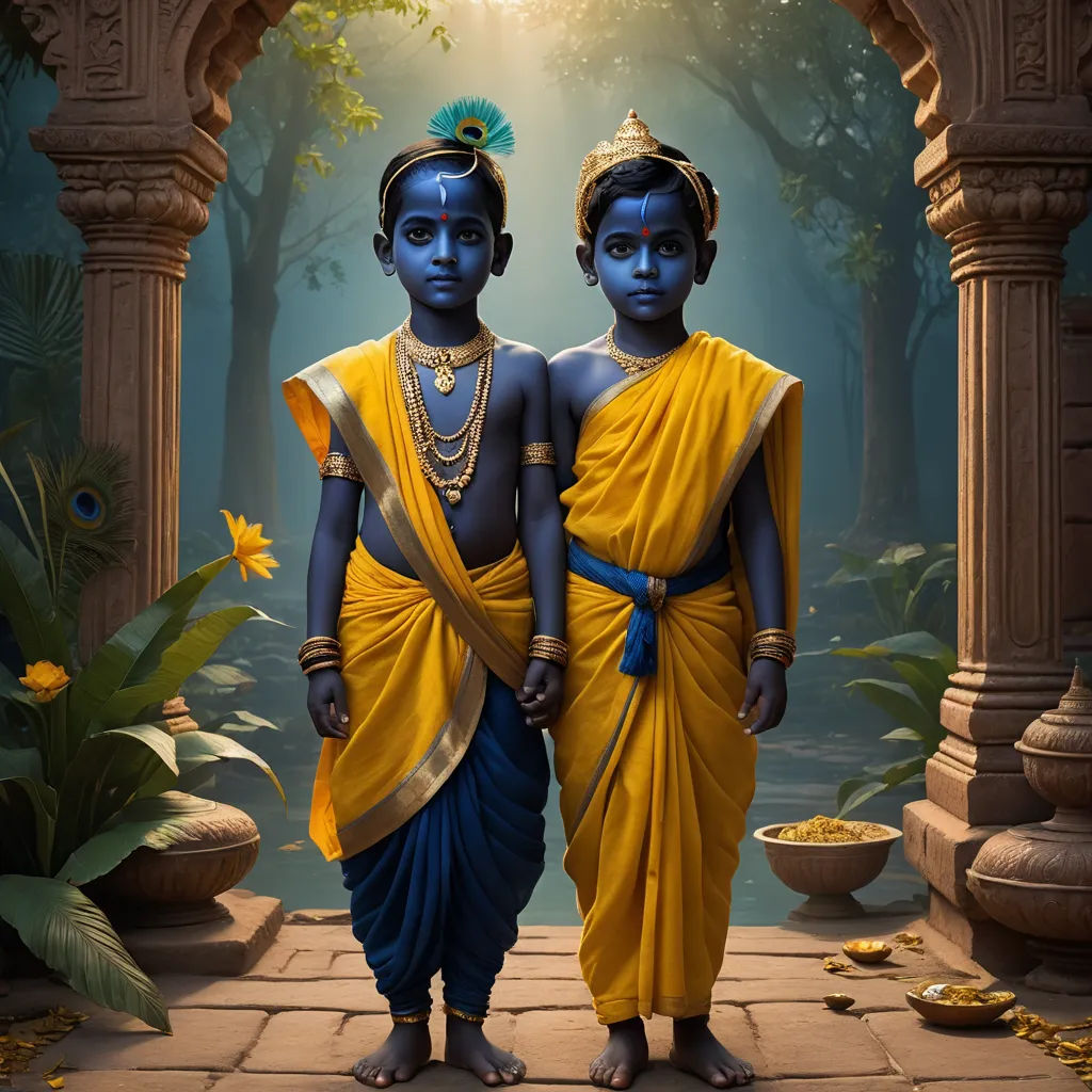 two blue skinned men standing in front of a doorway with a sun shining through the trees behind them and a yellow flower in the foreground, bengal school of art, computer graphics, Anne Geddes, affinity photo