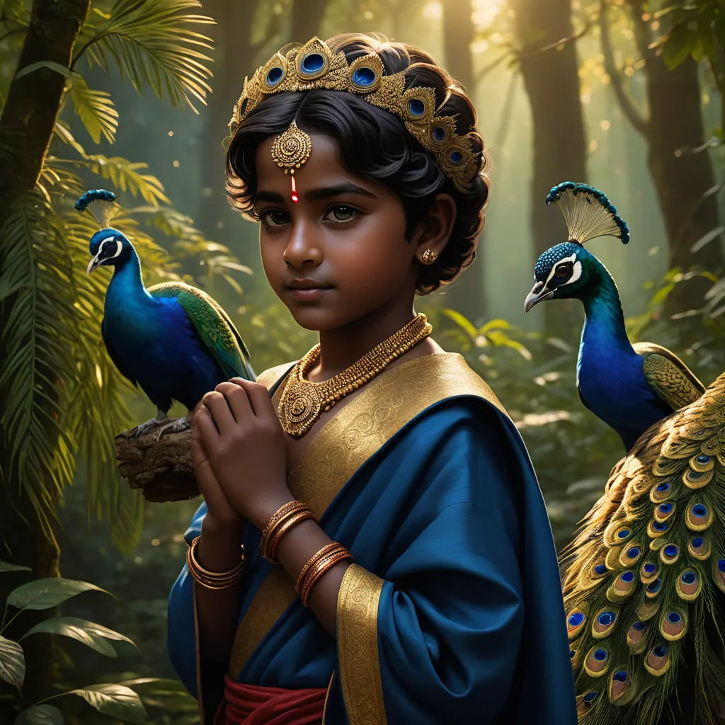a painting of a girl holding two peacocks in a forest with trees in the background and sunlight shining through the leaves, fantasy art, a digital painting, Chris LaBrooy, highly detailed digital painting