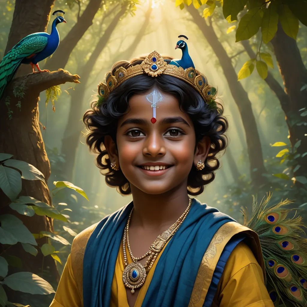 a painting of a young girl in a forest with peacocks on her head and a peacock on her shoulder, samikshavad, a photorealistic painting, Ella Guru, highly detailed digital painting