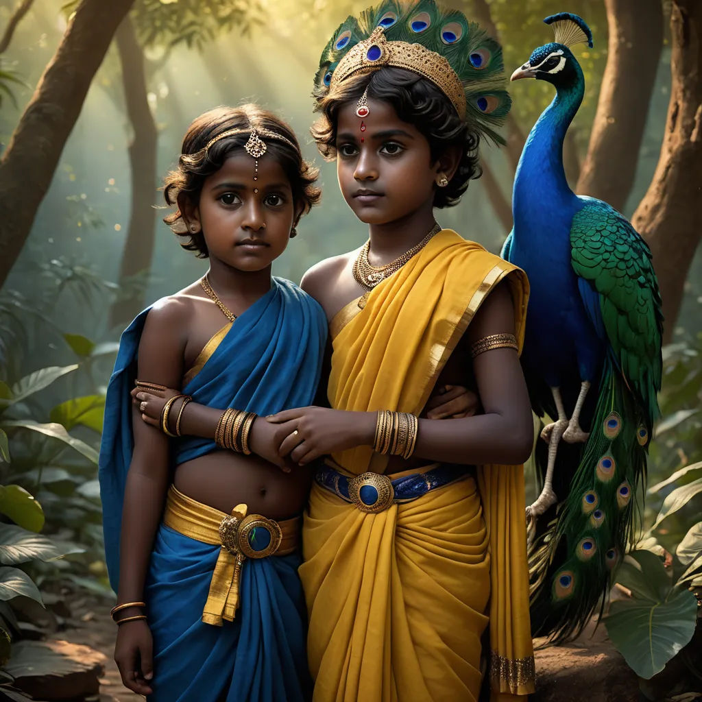 two children dressed in indian garb and peacocks in a forest with trees and bushes in the background, bengal school of art, a photorealistic painting, Diego Gisbert Llorens, highly detailed digital painting