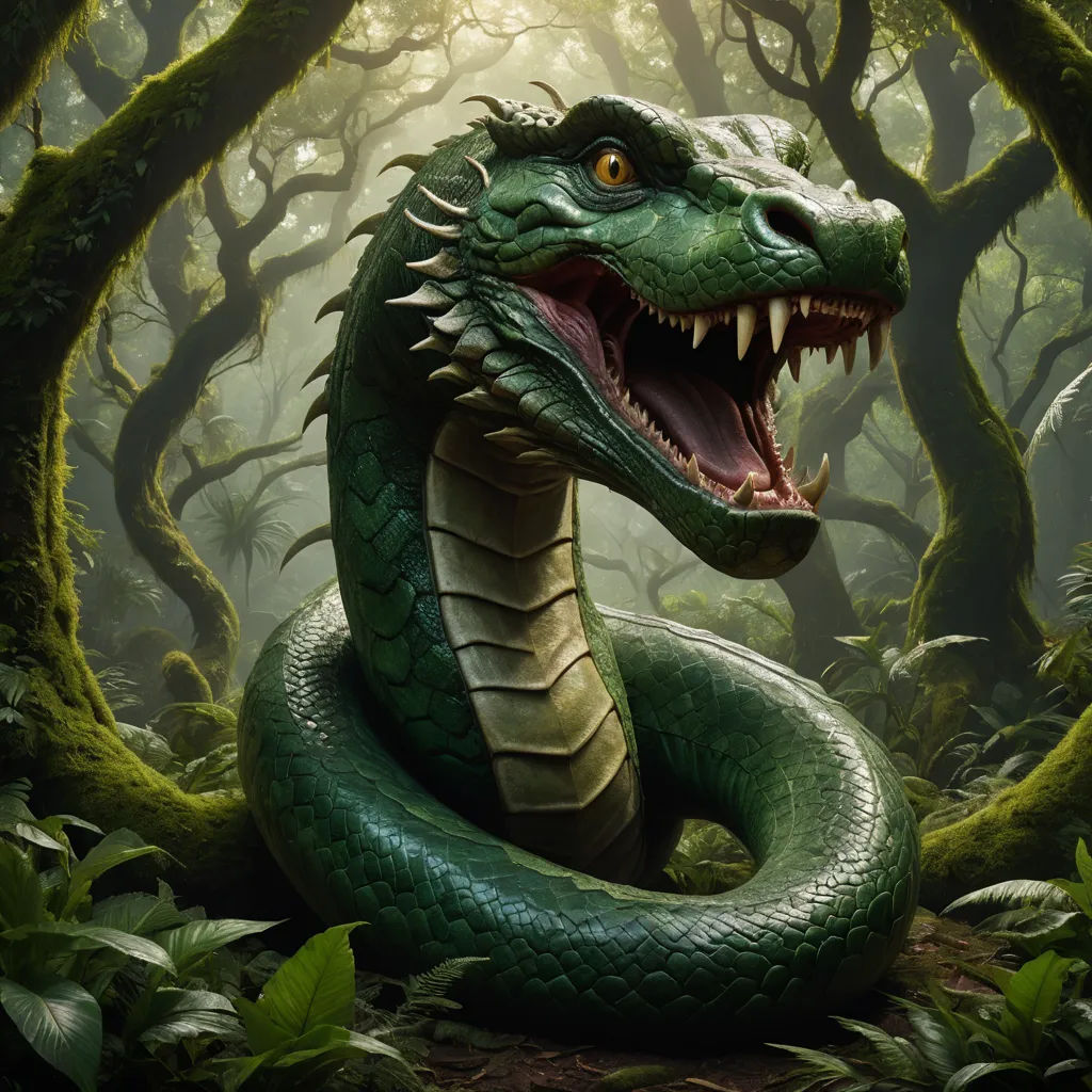 a green snake with its mouth open in a forest with trees and leaves, with its mouth open and tongue out, cobra, a digital painting, Brom, highly detailed digital painting