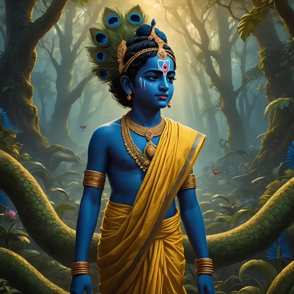 a painting of a man with blue skin and a peacock on his head in a forest with trees and leaves, fantasy art, a digital painting, Bholekar Srihari, highly detailed digital painting