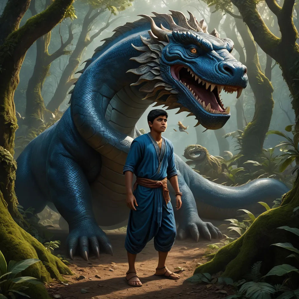 a man standing in front of a blue dragon in a forest with trees and bushes on either side of him, fantasy art, a storybook illustration, Chris LaBrooy, magic the gathering artwork
