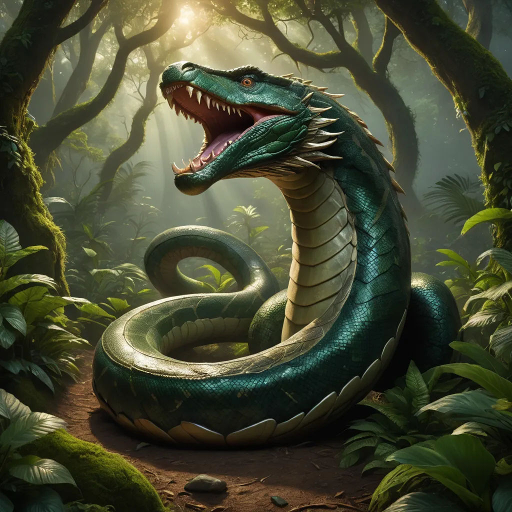 a green snake with its mouth open in a forest with trees and bushes, with sunlight streaming through the trees, cobra, a digital painting, Brom, magic the gathering artwork