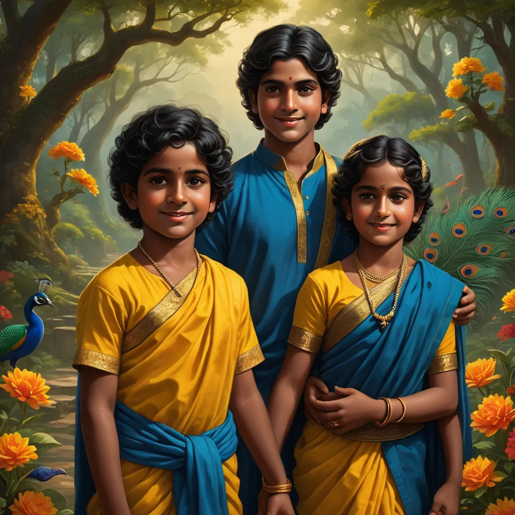 a painting of two people standing in front of a forest with flowers and trees in the background, with a peacock in the foreground, samikshavad, an oil painting, Brothers Hildebrandt, highly detailed digital painting