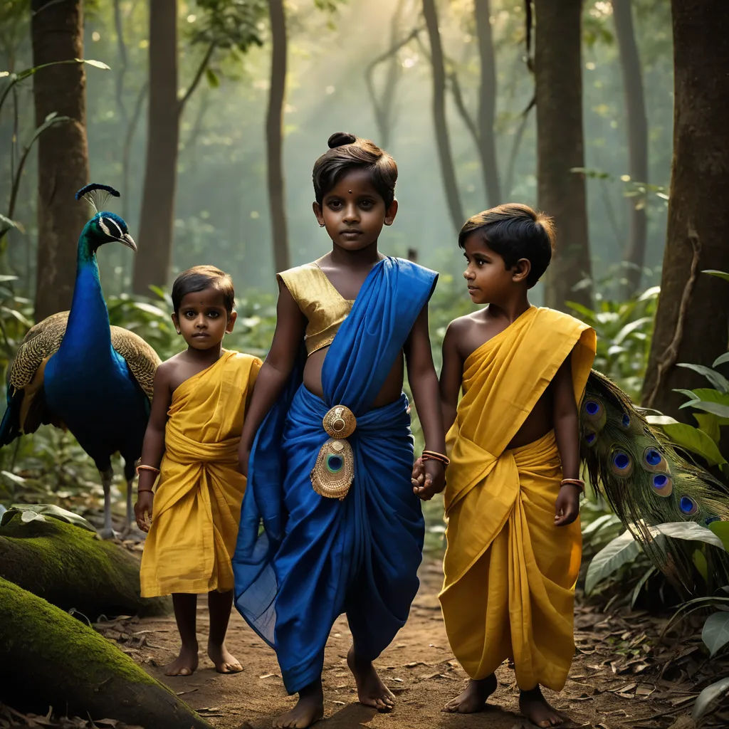 three children in yellow and blue outfits walking through a forest with peacocks on the ground and trees in the background, bengal school of art, a colorized photo, Daniel Lieske, award - winning photography