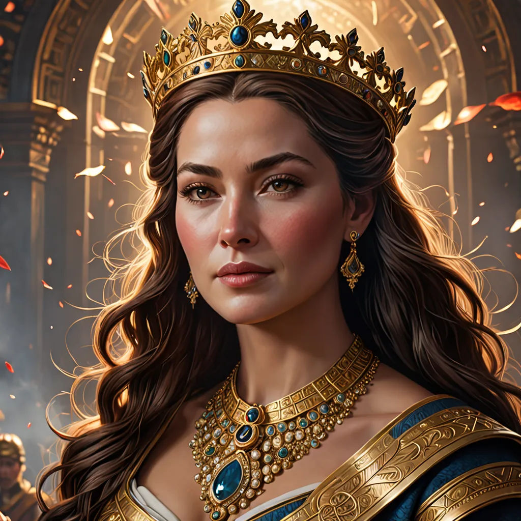 a woman in a golden crown and blue dress with a red rose in her hair and a red rose in her hair, sots art, a detailed painting, Clint Cearley, magic the gathering artwork