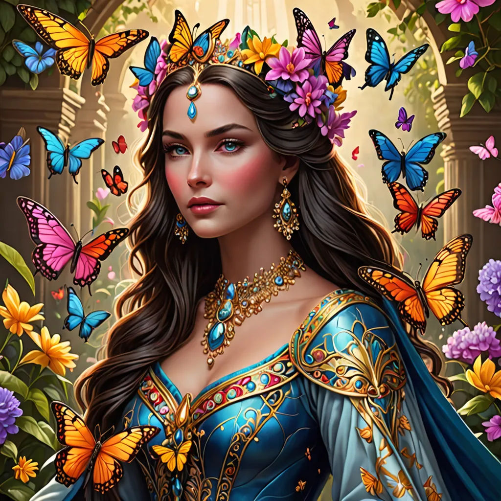 a woman in a blue dress surrounded by butterflies and flowers with a butterfly crown on her head and a blue dress with a blue cape, fantasy art, a detailed painting, Anne Stokes, highly detailed digital painting