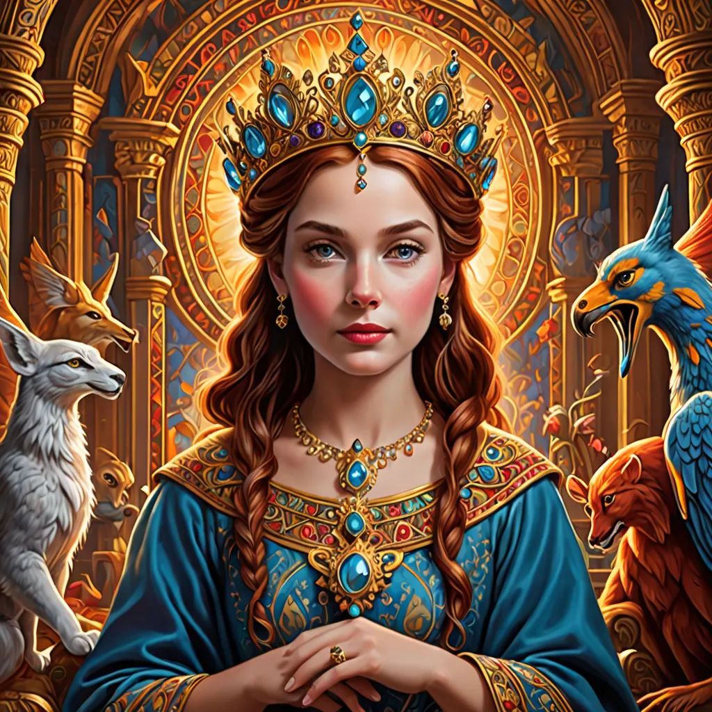 a woman in a blue dress with a crown and a cat in front of her is a golden throne, fantasy art, a detailed painting, Anne Stokes, highly detailed digital painting