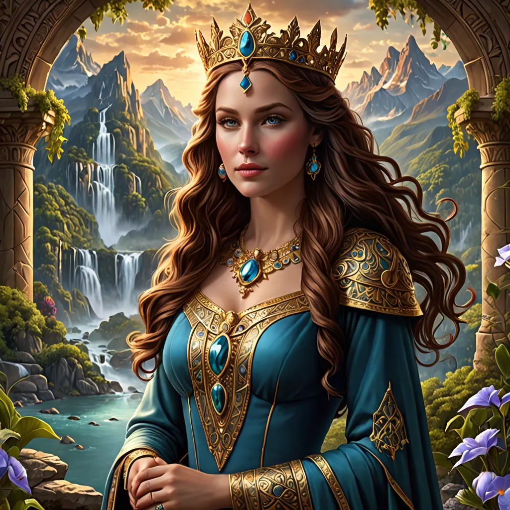 a woman in a blue dress with a crown on her head and a waterfall in the background with flowers, fantasy art, a detailed painting, Anne Stokes, fantasy artwork