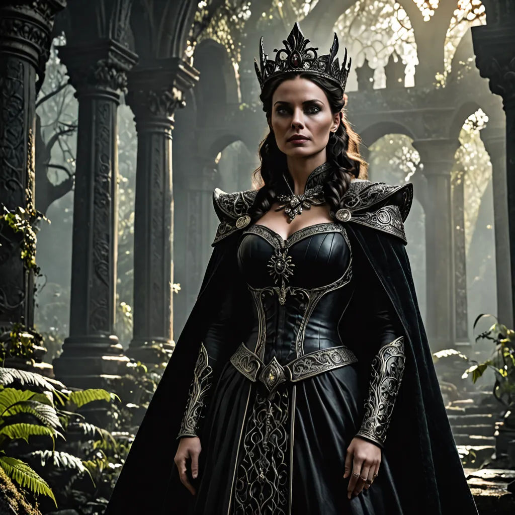 a woman in a black dress and a crown standing in a forest with a stone archway in the background, gothic art, a detailed matte painting, Anna Maria Barbara Abesch, promotional image