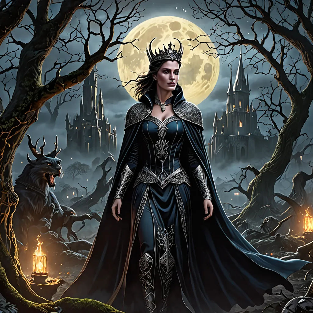 a woman in a black dress standing in front of a castle with a full moon behind her and a demon in the background, gothic art, a detailed painting, Anne Stokes, dark fantasy art