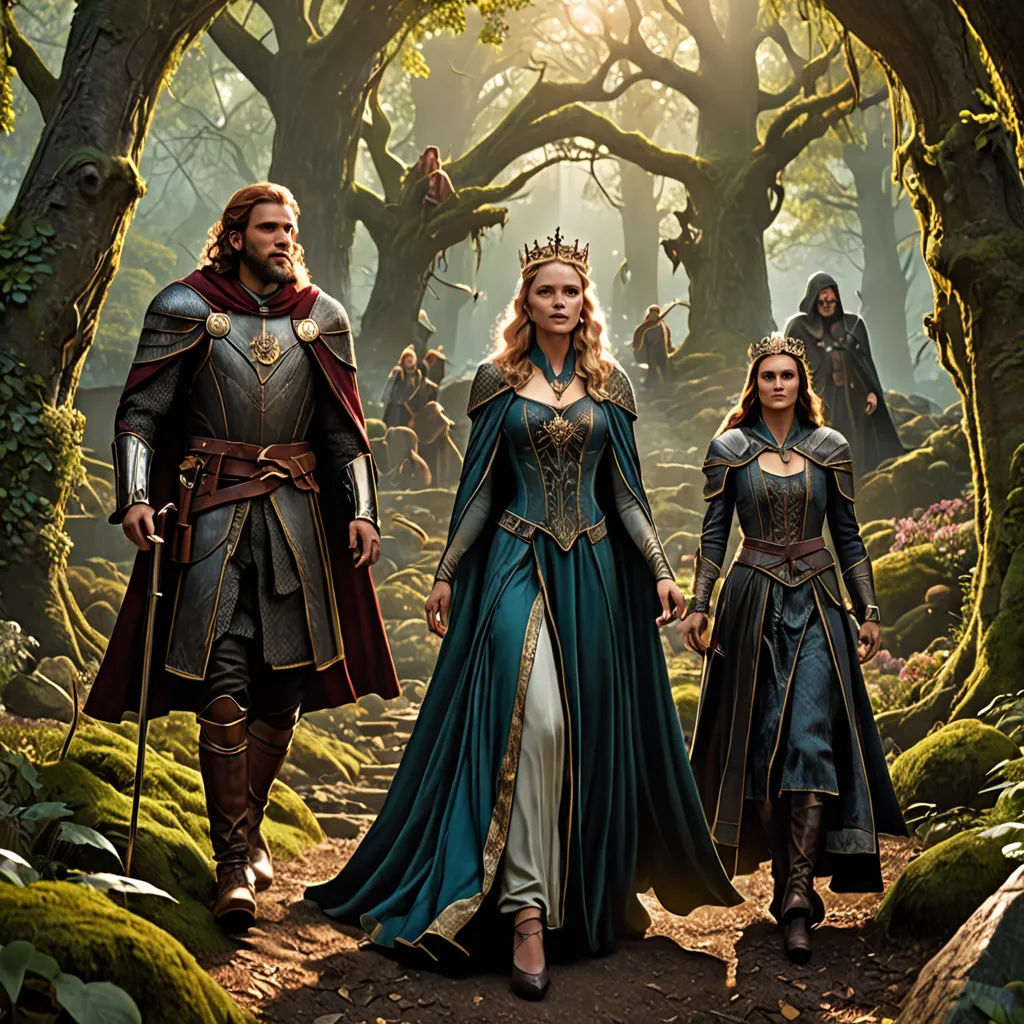 a group of people in medieval costumes walking through a forest with trees and bushes on either side of them, fantasy art, a detailed matte painting, Cedric Seaut (Keos Masons), promotional image