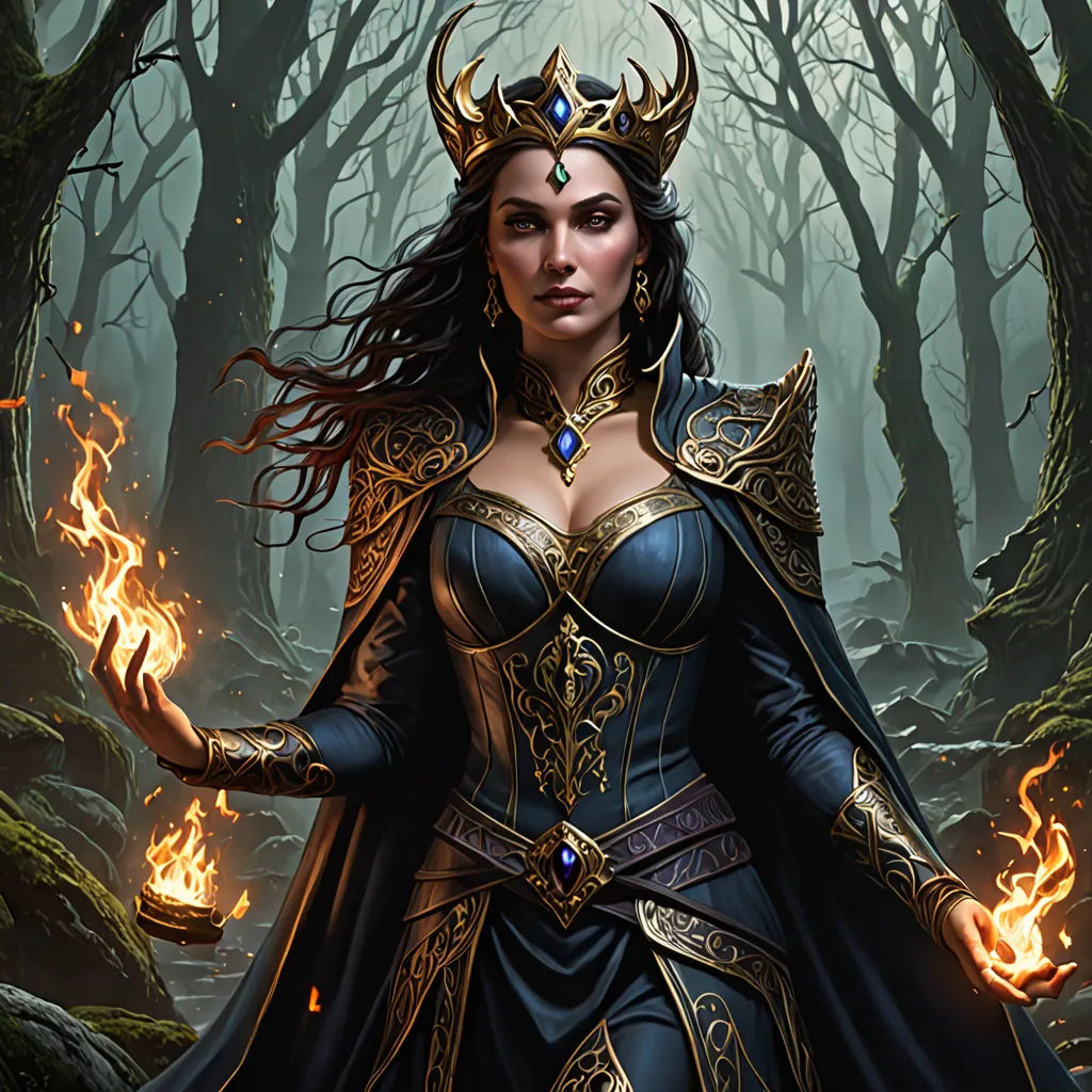 a woman in a costume with flames in her hands in a forest with trees and bushes, with a fire in her hand, fantasy art, a detailed painting, Chris Rallis, magic the gathering artwork