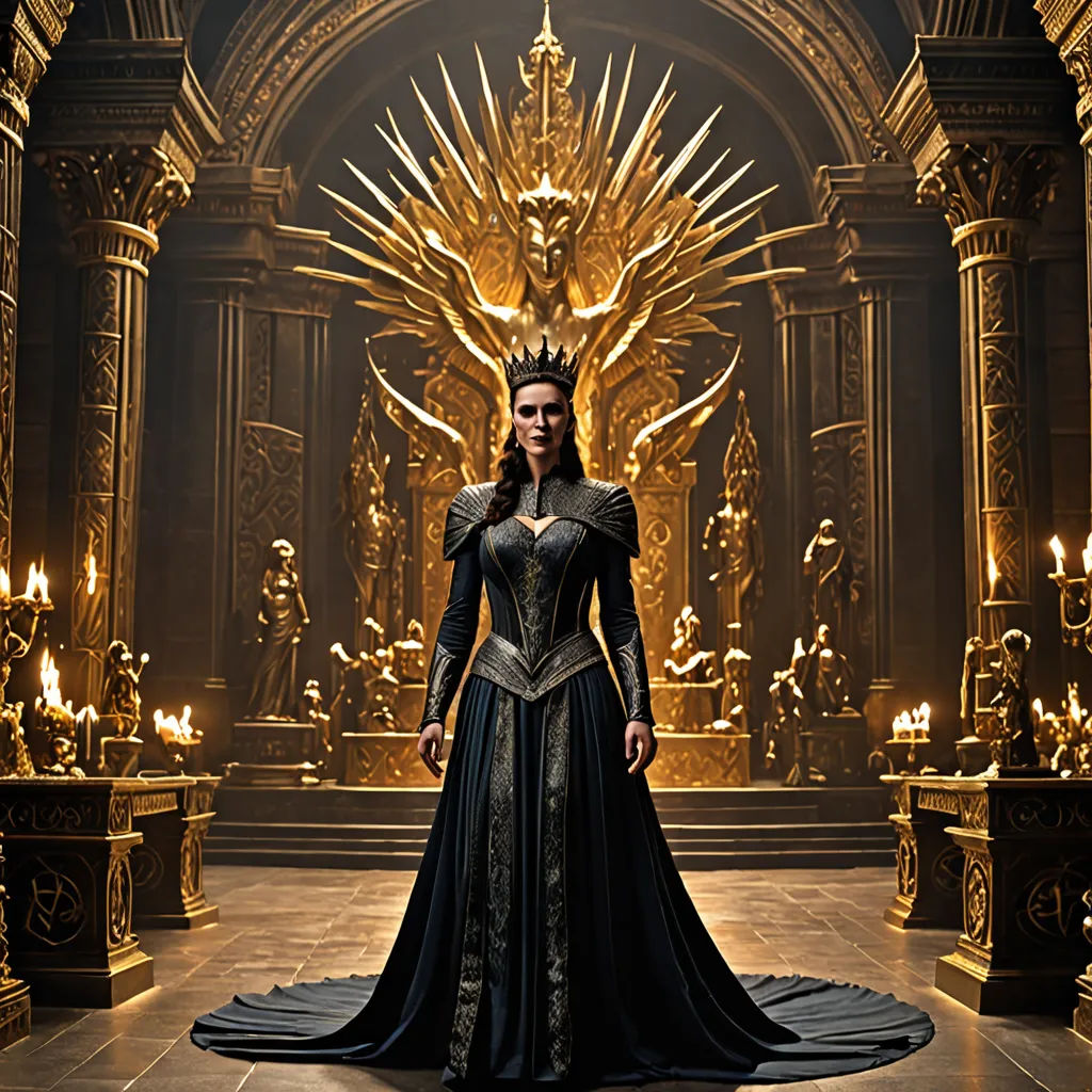 a woman in a black dress standing in front of a golden throne with candles in it and a crown on her head, gothic art, a poster, Aramenta Dianthe Vail, promotional image