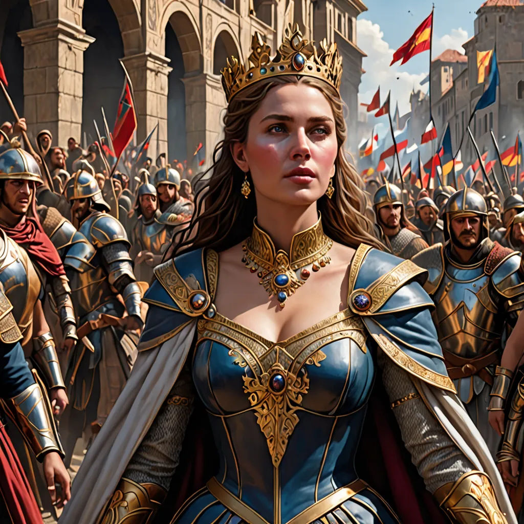 a woman in a blue dress and a crown standing in front of a group of men in armor and holding flags, altermodern, a detailed painting, Clint Cearley, magic the gathering artwork