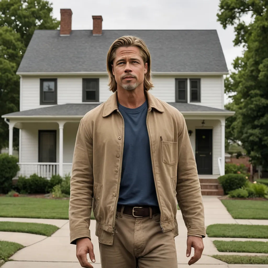 a man standing in front of a house with a blue shirt and tan jacket on and a brown jacket on, neo-primitivism, a colorized photo, Brad Holland, promotional image