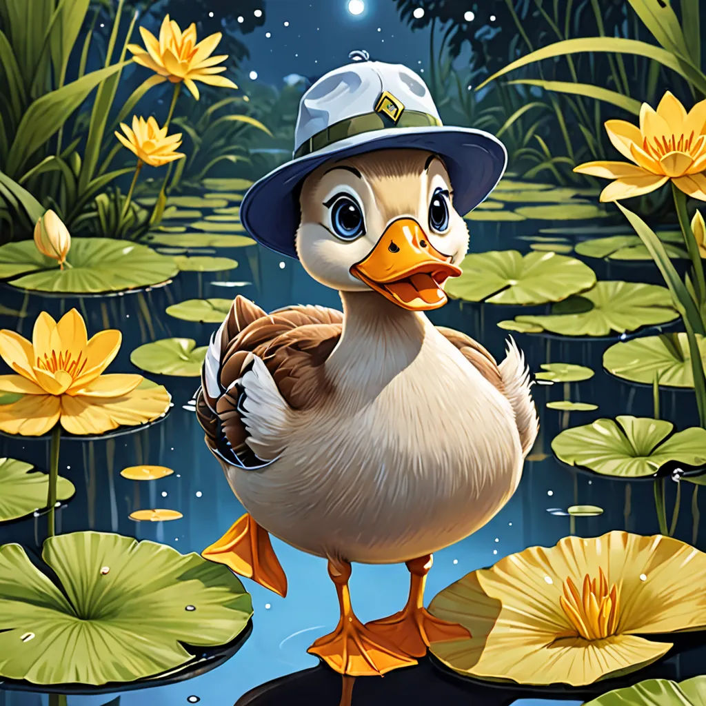 a duck wearing a hat standing in a pond of water lilies with lily pads on the water and a full moon in the sky, magic realism, an ultrafine detailed painting, Chris LaBrooy, promotional image