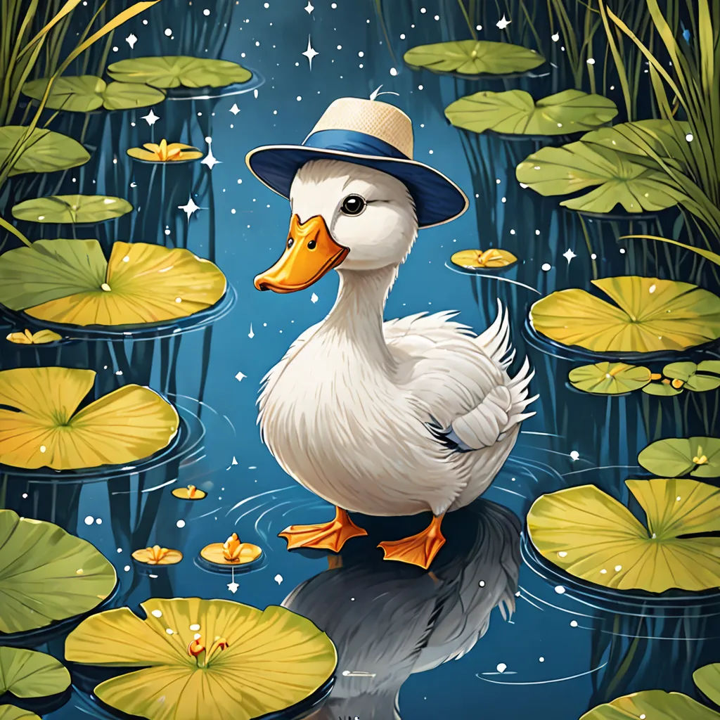 a duck wearing a hat is sitting on a lily pad in the water with lily pads around it and lily pads around it, massurrealism, a storybook illustration, Chris LaBrooy, highly detailed digital painting