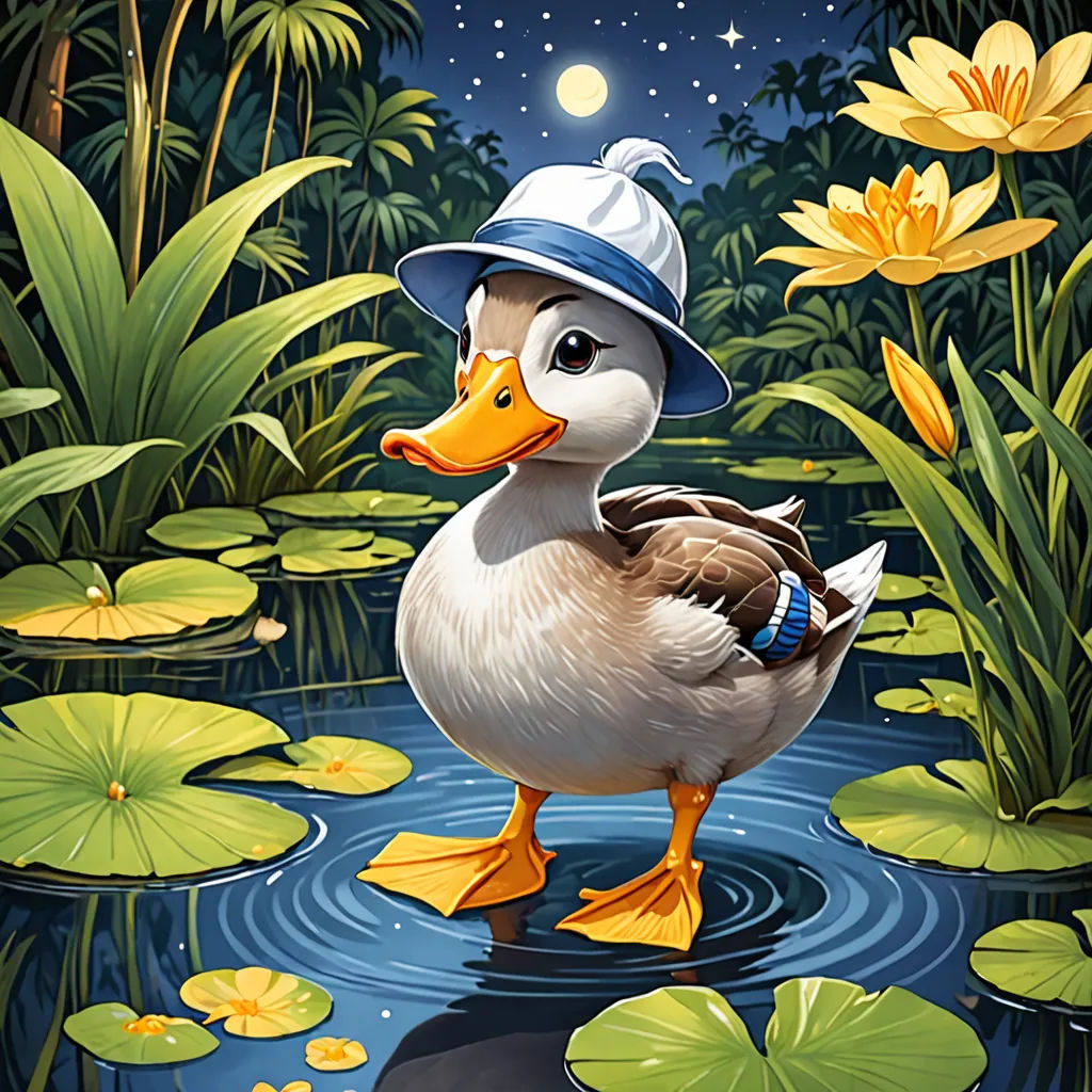 a duck wearing a hat standing in a pond of water lilies with lily pads and a full moon in the background, kitsch movement, a storybook illustration, Chris LaBrooy, highly detailed digital art