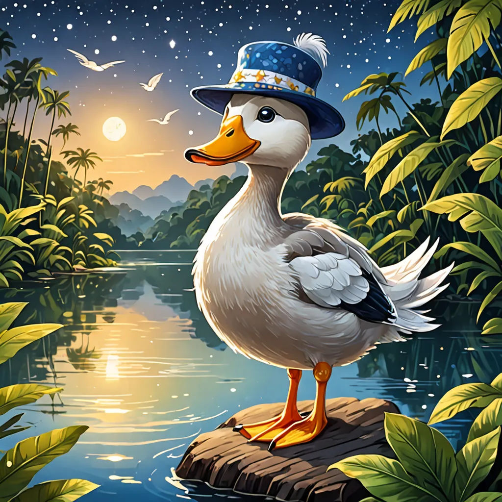 a duck wearing a hat standing on a rock in the water near a forest and a lake at night, space art, a storybook illustration, Chris LaBrooy, highly detailed digital painting