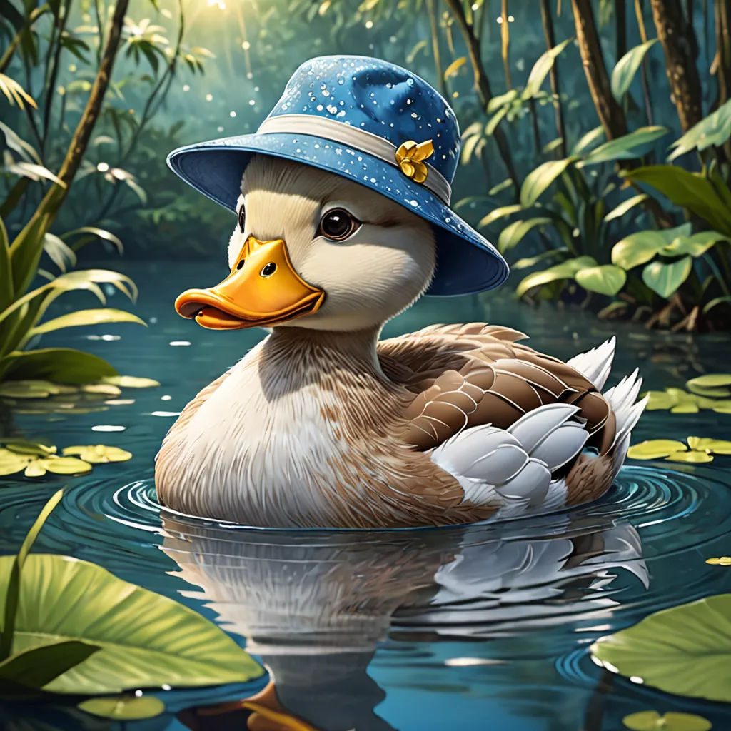 a duck wearing a hat floating in a pond of water with lily pads and green plants around it,, photorealism, a digital painting, Chris LaBrooy, highly detailed digital painting