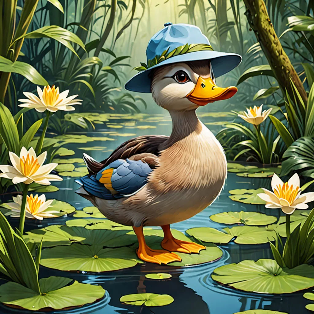 a duck wearing a hat standing in a pond of water lilies with lily pads around it and a lily pad in the foreground, fantasy art, a character portrait, Chris LaBrooy, highly detailed digital painting